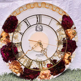 Resin 12 inch clock with In 3/4 part covered with flowers , upr part with pearl 2 lines white base in middle pink colour with logo in center Varmala Preservation